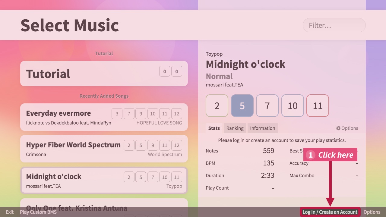 Music selection screen, showing where to click the login button