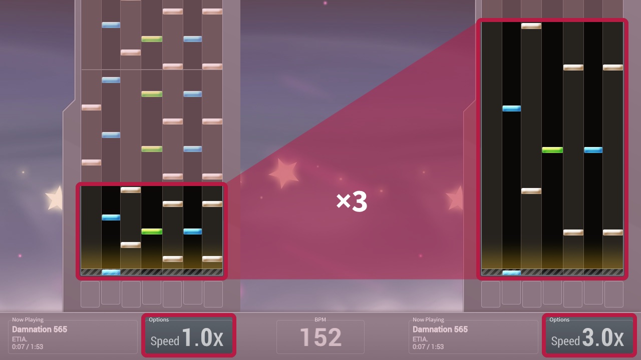 Gameplay screen, comparing speed 1.0x and 3.0x